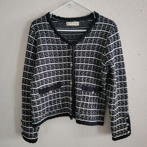 Elegant Navy and White Checkered Cardigan Large